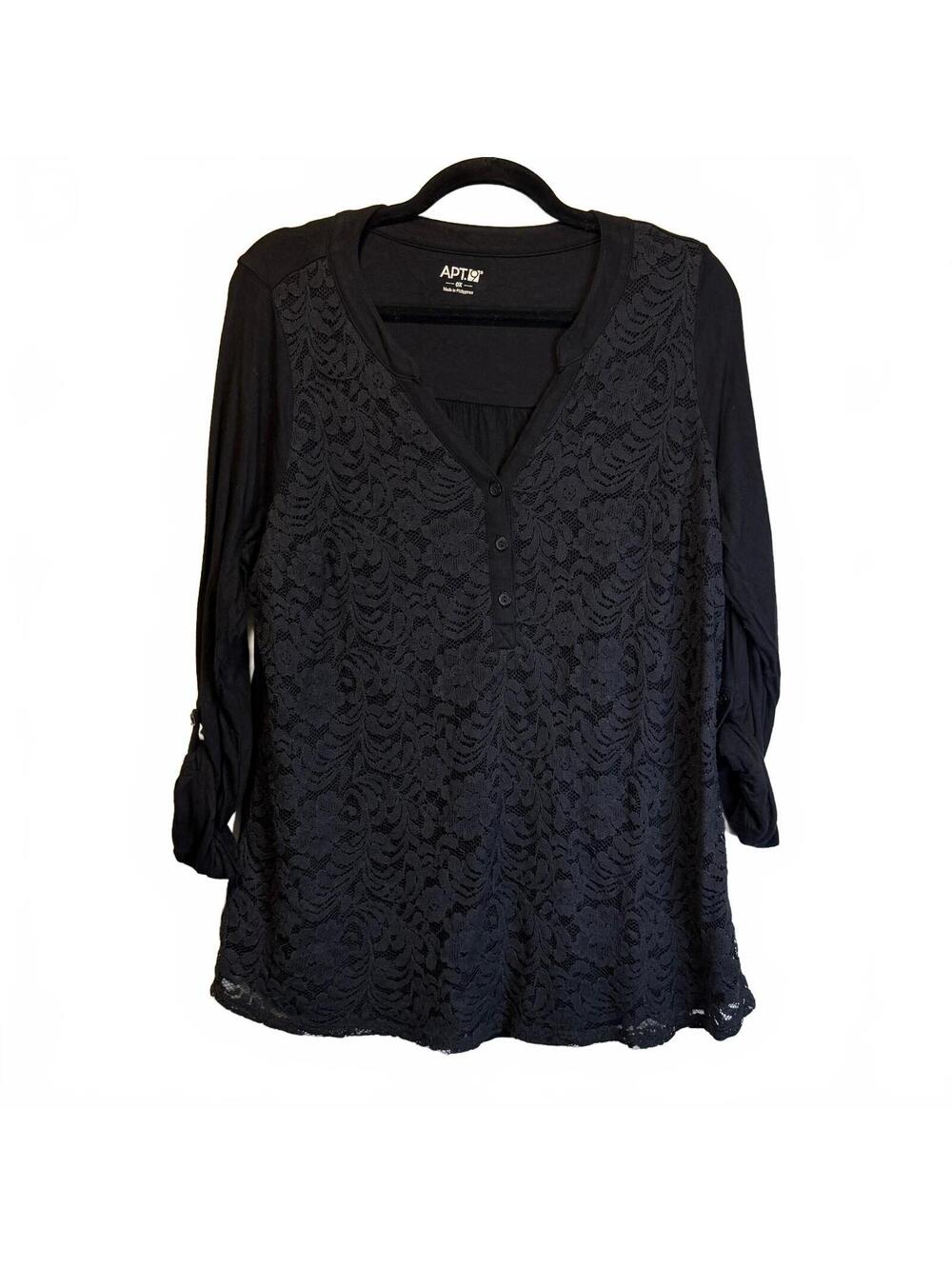 Apt 9 0X Black Floral Lace Front Roll Tab Sleeve Blouse